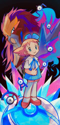Rule 34 | 1girl, absurdres, aqua eyes, blonde hair, blue skirt, clutching clothes, commentary request, creatures (company), entei, eyelashes, game freak, gen 2 pokemon, hair ribbon, highres, legendary pokemon, long hair, looking up, molly hale, nintendo, parted lips, pink footwear, pleated skirt, pokemon, pokemon (anime), pokemon (classic anime), pokemon (creature), pokemon 3: the movie - spell of the unown: entei, ribbon, shoes, short sleeves, skirt, smile, standing, thighhighs, umineko skyblue, unown, white thighhighs