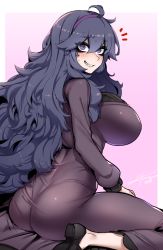 Rule 34 | 1girl, @ @, ahoge, alternate breast size, ass, back, black footwear, blush, border, breasts, creatures (company), dress, eyes visible through hair, game freak, grin, hair between eyes, hairband, hex maniac (pokemon), highres, impossible clothes, j.k., large breasts, long hair, long sleeves, looking at viewer, messy hair, nintendo, pink background, pokemon, pokemon xy, purple dress, purple eyes, purple hair, shiny clothes, shoes, simple background, sitting, skin tight, smile, solo, sweatdrop, turtleneck, very long hair, wariza, white border