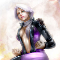 Rule 34 | 1girl, alternate costume, blue eyes, breasts, christie (doa), cleavage, dead or alive, fighting stance, gradient background, lips, navel, no bra, nose, purple eyes, scarf, short hair, silver hair, solo, underboob