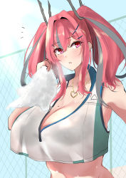 Rule 34 | 1girl, absurdres, armpits, azur lane, bare shoulders, black bra, blue sky, blush, bra, breasts, bremerton (azur lane), bremerton (scorching-hot training) (azur lane), chain-link fence, cleavage, collarbone, collared shirt, commentary request, crop top, crop top overhang, day, fence, grey hair, groin, hair between eyes, hair intakes, hair ornament, hairclip, hand up, heart, heart necklace, highres, holding, holding towel, jewelry, large breasts, long hair, looking at viewer, midriff, mole, mole on breast, mole under eye, multicolored hair, necklace, negi seijin, notice lines, parted lips, pink eyes, pink hair, see-through, shirt, sidelocks, sky, sleeveless, sleeveless shirt, solo, sportswear, standing, streaked hair, sunlight, sweat, tennis uniform, towel, twintails, two-tone hair, two-tone shirt, underwear, upper body, wet, wet clothes, wet shirt, white shirt, x hair ornament