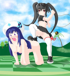 Rule 34 | 2girls, all fours, anus, arin, black hair, blue hair, breasts, cloud, female focus, kooh, long hair, multiple girls, nipples, nude, open mouth, outdoors, pangya, plant, pussy, red eyes, skirt, sky, standing, tagme, tears, thighhighs, tree, uncensored