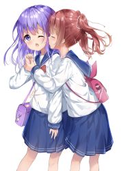 Rule 34 | 2girls, backpack, bag, blue sailor collar, blue skirt, bow, bowtie, brown hair, chestnut mouth, closed eyes, commentary request, hair between eyes, hair ribbon, highres, holding another&#039;s wrist, long hair, long sleeves, multiple girls, one eye closed, open mouth, original, pleated skirt, purple eyes, purple hair, red neckwear, ribbon, sailor collar, shiraki shiori, shirt, shoulder bag, simple background, skirt, tongue, tongue out, twintails, white background, white ribbon, white shirt, yuri