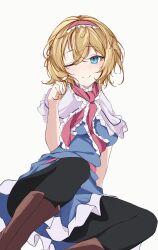 Rule 34 | 1girl, ;), ;d, alice margatroid, black pants, blonde hair, blue dress, blue eyes, boots, brown footwear, capelet, commentary, dress, english commentary, frilled hairband, frills, hairband, hand in own hair, highres, looking at viewer, one eye closed, open mouth, orchid (orukido), pants, red hairband, short hair, simple background, smile, solo, touhou, white background, white capelet