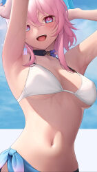 Rule 34 | 1girl, absurdres, armpits, arms up, bare arms, bikini, black choker, blue eyes, blue jacket, blue ribbon, blue sky, breasts, choker, clothes around waist, cloud, cloudy sky, gradient jacket, gradient ribbon, hair between eyes, highres, holding, honkai: star rail, honkai (series), jacket, jacket around waist, looking at viewer, march 7th (honkai: star rail), medium breasts, navel, open mouth, pink eyes, pink hair, pink jacket, pink ribbon, ribbon, ribbon earrings, shirafuji ene, sky, smile, solo, stomach, swimsuit, teeth, tied jacket, tongue, two-tone eyes, upper teeth only, wet, wet hair, white bikini
