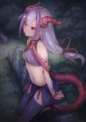 Rule 34 | 1girl, absurdres, arm support, bare shoulders, black thighhighs, blush, breasts, dragon girl, dragon horns, dragon tail, facial mark, from side, grey hair, highres, horns, ibuki notsu, long hair, looking away, low-tied long hair, melusine (ibuki notsu), midriff, navel, nose blush, original, pelvic curtain, photoshop (medium), red eyes, rope, ruins, sitting, slit pupils, small breasts, solo, stomach, tail, tattoo, thighhighs