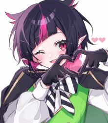 Rule 34 | 1boy, amimia zaxtuta, androgynous, black cape, black gloves, black hair, cape, gloves, green vest, heart, heart hands, highres, lilia vanrouge, long sleeves, male focus, multicolored hair, one eye closed, pink eyes, pink hair, pointy ears, shirt, short hair, solo, twisted wonderland, vest, white background, white shirt
