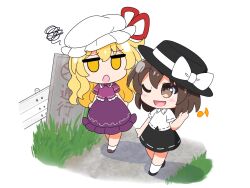 2girls :d annoyed black_footwear black_hat black_skirt blouse brown_eyes brown_footwear brown_hair chibi collared_shirt commentary_request frilled_shirt_collar frilled_sleeves frills grass happy hat hat_ribbon highres jitome long_hair maribel_hearn medium_hair mob_cap multiple_girls musical_note one_eye_closed open_mouth outdoors path puffy_short_sleeves puffy_sleeves purple_shirt purple_skirt red_ribbon ribbon rizleting road scribble shirt short_sleeves sign skirt smile socks taboo_japan_disentanglement touhou translation_request untucked_shirt usami_renko very_long_hair walking white_hat white_shirt white_socks yellow_eyes