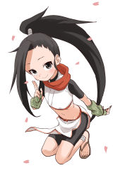 Rule 34 | 1girl, ankle wrap, black eyes, black hair, closed mouth, commentary request, fingerless gloves, full body, gloves, green gloves, highres, kuji-in, kunoichi tsubaki no mune no uchi, long hair, looking at viewer, midriff, navel, ninja, pelvic curtain, petals, ponytail, red scarf, scarf, simple background, smile, solo, toes, tsubaki (kunoichi tsubaki no mune no uchi), very long hair, white background, yamamoto souichirou