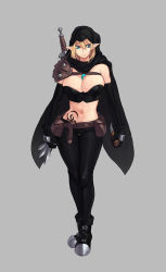 Rule 34 | 1girl, armor, belt, blonde hair, boots, cape, cloak, commentary, dagger, elf, freckles, full body, grey background, highres, hood, hooded cloak, knife, lipe-san, midriff, navel, original, pants, pointy ears, shoulder armor, simple background, solo, sword, tattoo, weapon