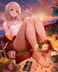 Rule 34 | 1girl, absurdres, bare legs, barefoot, black jacket, c1718259, cellphone, closed mouth, cup, feet, flower, grey hair, hand up, highres, holding, holding cup, honkai: star rail, honkai (series), jacket, knees up, legs, long hair, long sleeves, off shoulder, outdoors, petals, phone, sitting, sleeves past wrists, smartphone, solo, stelle (honkai: star rail), sunset, toenails, toes, trailblazer (honkai: star rail), yellow eyes