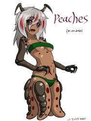 Rule 34 | absurdres, antennae, arthropod girl, belly, black sclera, breasts, claws, colored sclera, cpt.tester works, grey sclera, highres, long bangs, looking away, midriff, panties, peaches (cpt.tester), red eyes, shell, small breasts, tan, tanline, tattoo, tube, underwear, white hair