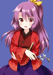 Rule 34 | 1girl, blue background, blush, bow, folding fan, hair between eyes, hand fan, highres, holding, holding smoking pipe, japanese clothes, kimono, komakusa sannyo, long hair, long sleeves, one-hour drawing challenge, open mouth, ponytail, purple hair, purple skirt, red eyes, red kimono, ruu (tksymkw), skirt, smoking pipe, solo, touhou, yellow bow