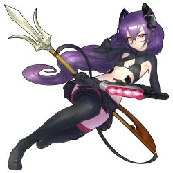 Rule 34 | 1girl, boots, bow, breasts, full body, glasses, gloves, hair bow, hayama yuujirou, hayami yuujirou, headgear, highres, long hair, polearm, purple hair, red eyes, semi-rimless eyewear, simple background, skirt, small breasts, solo, strap, tentacles tactics, thigh boots, thighhighs, trident, under-rim eyewear, underboob, weapon, white background