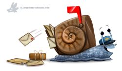 Rule 34 | :d, antennae, blue hat, closed eyes, creature, cryptid creations, from side, hat, letter, mailbox, mailman, motion lines, open mouth, original, packet, profile, simple background, smile, snail shell, solo, upper body, watermark, web address, white background