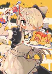 Rule 34 | 1girl, absurdres, animal-themed food, animal ears, antarou, bell, blush, bow, brown eyes, cat ears, cat girl, cat tail, collared dress, dress, flag, food, hair bow, hair over one eye, highres, holding, holding tray, ketchup, ketchup bottle, long hair, maid, neck bell, omelet, omurice, original, shrimp, solo, tail, translation request, tray, very long hair, white hair, wrist cuffs
