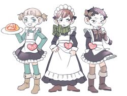 Rule 34 | 3boys, alternate costume, alternate hairstyle, apron, black dress, black hair, black skirt, boots, bow, bowtie, brown bow, brown bowtie, brown footwear, brown gloves, brown hair, brown thighhighs, chilchuck tims, crossdressing, dainijyuuyon, dandan (dungeon meshi), dress, dungeon meshi, enmaided, fingerless gloves, food, food art, freckles, frilled apron, frills, full body, gloves, green scarf, grin, halfling, hand on own hip, hand up, heart, holding, holding plate, kuro (dungeon meshi), large ears, lineup, long sleeves, looking at viewer, maid, maid apron, maid headdress, male focus, male maid, mickbell tomas, multiple boys, omelet, partially fingerless gloves, plate, ribbed thighhighs, scarf, short hair, sideways glance, simple background, skirt, skirt hold, smile, sweat, thighhighs, tongue, tongue out, twintails, white background