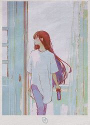 Rule 34 | 1girl, long hair, looking to the side, original, oversized clothes, pants, perfectsunday, red hair, shirt, solo, t-shirt, very long hair, walking, white shirt