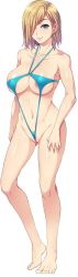 Rule 34 | 1girl, areola slip, armpits, arms at sides, barefoot, blonde hair, blue eyes, breasts, closed mouth, earrings, feet, female focus, full body, game cg, groin, hair over one eye, highres, jewelry, large breasts, legs, legs apart, looking at viewer, mizuryu kei, navel, original, partially visible vulva, pussy, revealing clothes, short hair, simple background, slingshot swimsuit, smile, solo, souma sayoko, standing, swimsuit, tachi-e, teisou kannen zero, thighs, transparent background, uncensored, wedgie