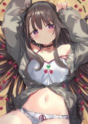 Rule 34 | 1girl, absurdres, arms up, azur lane, bare shoulders, black hair, black ribbon, breasts, cardigan, cherry, cherry print, choker, closed mouth, collarbone, eyes visible through hair, food, food print, fruit, grey jacket, groin, hair ribbon, highres, jacket, kikurage tom., long hair, long sleeves, looking at viewer, lying, midriff, navel, official alternate costume, on back, open clothes, pamiat merkuria (azur lane), pamiat merkuria (sweet cherry memories) (azur lane), purple eyes, ribbon, short shorts, shorts, sleeves past wrists, solo, strap slip, tank top, white shorts, white tank top