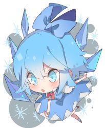 Rule 34 | 1girl, absurdres, blue background, blue dress, blue eyes, blue hair, blush, bow, chibi, cirno, detached wings, dress, full body, grey background, hair bow, hall jion, highres, ice, ice wings, open mouth, outstretched arms, puffy short sleeves, puffy sleeves, red neckwear, shirt, shoes, short hair, short sleeves, snowflakes, socks, solo, touhou, white background, white shirt, white socks, wings