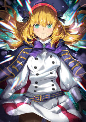 Rule 34 | 1girl, artoria caster (fate), artoria caster (second ascension) (fate), artoria pendragon (fate), belt, beret, black gloves, black pantyhose, blonde hair, blue cape, blue hat, blush, breasts, buttons, cape, double-breasted, dress, fate/grand order, fate (series), gloves, green eyes, hat, highres, hood, hooded cape, long hair, long sleeves, looking at viewer, multicolored cape, multicolored clothes, pantyhose, red cape, small breasts, solo, thighs, twintails, tyone, white dress