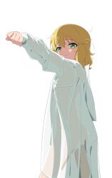 Rule 34 | 1girl, arm up, blonde hair, clenched hand, commentary request, highres, idolmaster, idolmaster cinderella girls, long sleeves, looking to the side, oversized clothes, oversized shirt, papiyon1297, petite, sakurai momoka, see-through, see-through shirt, see-through silhouette, shirt, simple background, solo, white background, white shirt
