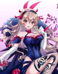 Rule 34 | 1girl, bare shoulders, blue dress, breasts, cleavage, commission, corrin (fire emblem), cosplay, dress, fire emblem, fire emblem engage, fire emblem fates, fishnet thighhighs, fishnets, floral print, flower, flower brooch, gloves, hair flower, hair ornament, hairband, ivy (fire emblem), ivy (fire emblem) (cosplay), kakiko210, long hair, looking at viewer, medium breasts, nintendo, open mouth, petals, pointy ears, red eyes, rose, rose petals, skeb commission, smile, solo, thighhighs, white gloves, white hair