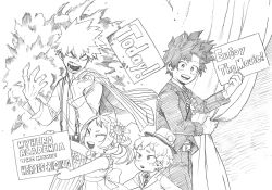 Rule 34 | 1girl, 3boys, angry, bakugou katsuki, boku no hero academia, boku no hero academia: heroes rising, copyright name, curly hair, curtains, english text, explosion, flower, formal, freckles, hat, highres, horikoshi kouhei, looking at another, looking at viewer, midoriya izuku, monochrome, multiple boys, official art, open mouth, shimano katsuma, shimano mahoro, short hair, shouting, sign, sketch, spiked hair, striped, suit, suspenders, tagme, twintails, white background