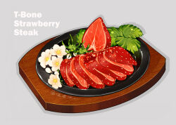 Rule 34 | flower, food, food focus, food name, grey background, meat, no humans, original, shi jun ti, simple background, steak, tray, wooden tray