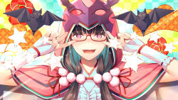 Rule 34 | 1girl, @ @, bad id, bad twitter id, bat (animal), black hair, blush, breasts, checkered background, cloak, detached sleeves, double v, emotional engine - full drive, fate/grand order, fate (series), flying sweatdrops, glasses, green background, hands up, hood, hooded cloak, large breasts, long hair, looking at viewer, low twintails, open mouth, origami, osakabehime (fate), parody, pink cloak, purple eyes, red-framed eyewear, smile, solo, star (symbol), tearing up, twintails, umihotaru harumare, v, very long hair, wavy mouth, yellow background