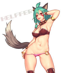 Rule 34 | 1girl, ;p, abs, animal ears, armpits, bikini, bikini top only, braid, breasts, character request, contrapposto, earrings, elfe (lucent heart), envenomist (gengoroumaru), facial mark, green hair, heart, heart print, highres, jewelry, large breasts, looking at viewer, lots of jewelry, lucent heart, o-ring, o-ring bottom, one eye closed, red eyes, short hair, simple background, single braid, solo, standing, swimsuit, tail, tongue, tongue out, white background