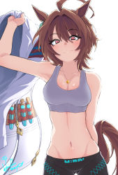 Rule 34 | 1girl, agnes tachyon (umamusume), ahoge, animal ears, armpits, bare shoulders, black shorts, blush, breasts, brown hair, cleavage, coat, unworn coat, collarbone, commentary request, earrings, highres, hori shin, horse ears, horse girl, horse tail, jewelry, lab coat, looking at viewer, medium breasts, midriff, navel, necklace, pants, print shorts, red eyes, short hair, shorts, signature, single earring, solo, sports bra, tail, test tube, tight clothes, tight pants, umamusume, white background, white coat
