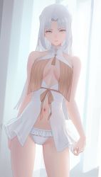 Rule 34 | 1girl, backlighting, bare arms, bare shoulders, braid, breast curtains, center opening, commentary, contrapposto, copyright request, cowboy shot, drid, french braid, frilled panties, frills, highres, long hair, looking at viewer, navel, panties, parted bangs, parted lips, solo, straight-on, symbol-only commentary, underwear, white hair, white panties, yellow eyes