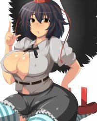 Rule 34 | 1girl, :o, bad id, bad pixiv id, bird wings, black hair, black ribbon, black skirt, black wings, blush, breasts, brown eyes, brown hair, chestnut mouth, collared shirt, covered erect nipples, female focus, hat, huge breasts, index finger raised, ky., large breasts, looking at viewer, miniskirt, navel, no bra, nose blush, open clothes, open shirt, plump, pointy ears, puffy short sleeves, puffy sleeves, ribbon, seiza, shameimaru aya, shirt, shoes, short hair, short sleeves, simple background, sitting, skirt, solo, striped clothes, striped thighhighs, thighhighs, tight clothes, tight shirt, tokin hat, touhou, undersized clothes, white background, white shirt, wings, yellow eyes