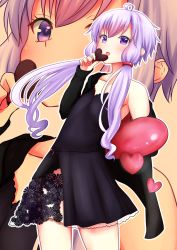 Rule 34 | 1girl, :o, ahoge, armpits, as (27273212), bare shoulders, beige background, black dress, black jacket, blush, collarbone, cowboy shot, dress, flat chest, floral print, food, hair tubes, heart, highres, holding, holding food, holding heart, jacket, kakan (amka), long hair, long sleeves, looking at viewer, low twintails, off shoulder, open clothes, open jacket, open mouth, see-through, short hair with long locks, sitting, sleeveless, sleeveless dress, solo, standing, tareme, twintails, valentine, vocaloid, voiceroid, yuzuki yukari, zoom layer