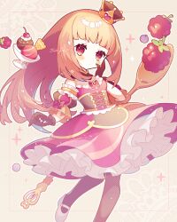 Rule 34 | 1girl, black gloves, blueberry, blunt bangs, blush, cherry, closed mouth, crown, detached sleeves, dress, food, frilled dress, frills, fruit, gloves, hand on own cheek, hand on own face, highres, ice cream, long hair, looking at viewer, mini crown, original, pantyhose, pink dress, raspberry, red eyes, saijo1201, shoes, solo, spoon