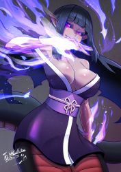 Rule 34 | 1girl, absurdres, bare shoulders, black hair, black kimono, black sclera, blunt bangs, breasts, cleavage, colored sclera, commentary, commission, dark persona, dated, dress, energy, english commentary, fire, glowing, glowing hand, grin, highres, japanese clothes, jin (mugenjin), kimono, lamia, large breasts, monster girl, monster girl encyclopedia, obi, off-shoulder dress, off shoulder, pointy ears, purple eyes, purple fire, sash, shirohebi (monster girl encyclopedia), sidelocks, skeb commission, smile, solo