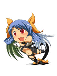 Rule 34 | 1girl, :d, arc system works, asymmetrical wings, blue hair, blush, bow, chibi, dizzy (guilty gear), guilty gear, hair bow, mirano, open mouth, red eyes, ribbon, smile, solo, standing, standing on one leg, tail, tail ornament, tail ribbon, thighhighs, tripping, wings