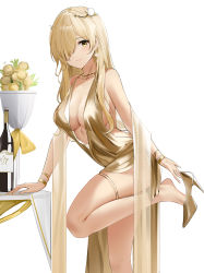 Rule 34 | 1girl, arm support, azur lane, backless outfit, bare shoulders, blonde hair, bottle, bracelet, breasts, center opening, closed mouth, dress, earrings, evening gown, glint, gold dress, gold footwear, hair over one eye, high heels, highres, jewelry, large breasts, leg up, looking at viewer, necklace, nevada (a magnificent banquet) (azur lane), nevada (azur lane), official alternate costume, one eye covered, pelvic curtain, plant, potted plant, qing wu, removing shoes, revealing clothes, see-through, sideboob, simple background, sleeveless, sleeveless dress, solo, standing, standing on one leg, star (symbol), star earrings, table, thigh strap, thighs, white background, wine bottle, yellow eyes