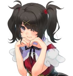 Rule 34 | 1girl, ame-chan (needy girl overdose), black eyes, black hair, black nails, black ribbon, blush, eyes visible through hair, flypopo, hair ornament, hair over one eye, head rest, highres, looking at viewer, medium hair, nail polish, neck ribbon, needy girl overdose, ribbon, simple background, skirt, solo, suspender skirt, suspenders, twintails, upper body, white background, x hair ornament