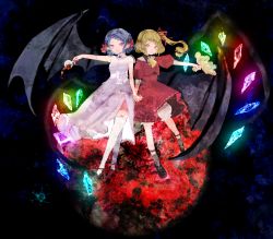 Rule 34 | 2girls, :d, alcohol, alternate costume, ascot, bat wings, black footwear, blonde hair, bloomers, blue hair, bow, braid, brooch, closed mouth, collar, commentary, crystal, cup, dress, drinking glass, fang, fingernails, flandre scarlet, flower, frilled collar, frills, full body, glowing, grey legwear, hair bow, hair ribbon, high heels, highres, holding, holding cup, holding hands, holding stuffed toy, interlocked fingers, jewelry, looking at viewer, multiple girls, nail polish, no headwear, no headwear, off-shoulder dress, off shoulder, one side up, open mouth, pink bloomers, pointy ears, puffy short sleeves, puffy sleeves, purple dress, red bow, red eyes, red footwear, red nails, red ribbon, red skirt, red vest, remilia scarlet, ribbon, rose, sano naoi, shoes, short hair, short sleeves, siblings, sisters, skin fang, skirt, skirt set, sleeve cuffs, slit pupils, smile, socks, spilling, stuffed animal, stuffed toy, teddy bear, thighhighs, touhou, underwear, vest, white bloomers, white legwear, wine, wine glass, wings, yellow ascot