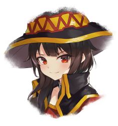 Rule 34 | 1girl, black cape, black collar, black hat, brown hair, cape, collar, commentary request, hat, kono subarashii sekai ni shukufuku wo!, large hat, looking at viewer, lunia, megumin, portrait, red eyes, red shirt, shirt, simple background, smile, solo, white background, witch hat