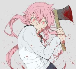 Rule 34 | 1girl, axe, bad drawr id, bad id, blood, blood in hair, blood on clothes, blood on face, blood on hands, bloody weapon, crazy, drawr, empty eyes, gasai yuno, grey background, grey shirt, hair between eyes, hatchet, hatchet (axe), long sleeves, looking at viewer, mirai nikki, oekaki, pink hair, red eyes, shirt, simple background, solo, upper body, weapon, yandere