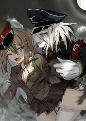 Rule 34 | 2girls, armband, blue eyes, breasts, brown hair, cleavage, colored skin, commission, dress shirt, fangs, full moon, gloves, hat, highres, jiseki rena, long sleeves, military, military hat, military uniform, moon, multiple girls, nazi, necktie, night, night sky, original, pale skin, peaked cap, pixiv commission, red eyes, shirt, skirt, sky, swastika, tearing clothes, torn clothes, uniform, vampire, white gloves, white hair, white skin