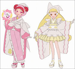 Rule 34 | 2girls, adapted costume, alternate costume, blonde hair, blush, commentary request, double bun, earrings, frilled kimono, frills, full body, hair bun, hakusai (tiahszld), hand up, harukaze doremi, hat, holding, japanese clothes, jewelry, kimono, long hair, long sleeves, looking at viewer, low twintails, makihatayama hana, multiple girls, obi, ojamajo doremi, okobo, open mouth, pink eyes, pink footwear, pink headwear, pink kimono, platform footwear, red hair, sandals, sash, short bangs, short hair, short kimono, simple background, smile, socks, standing, twintails, white kimono, white socks, white wings, wide sleeves, wing hair ornament, wings, witch hat, yellow eyes