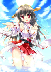 Rule 34 | 10s, 1girl, :d, bad id, bad pixiv id, bare legs, black hair, blush, cloud, frilled skirt, frills, hand on own chest, haruna (kancolle), headgear, kantai collection, kneeling, kneeling on water, long hair, looking at viewer, mikeou, nontraditional miko, open mouth, outstretched hand, red eyes, ribbon-trimmed sleeves, ribbon trim, skirt, sky, smile, solo, sun, water