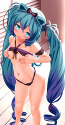 Rule 34 | 1girl, animal ears, aqua eyes, aqua hair, bad id, bad pixiv id, blush, cat ears, covering privates, covering breasts, covering nipples, hatsune miku, head tilt, jixing renou, long hair, looking at viewer, nail polish, navel, open mouth, panties, solo, twintails, underwear, very long hair, vocaloid