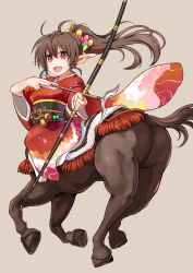 Rule 34 | 1girl, arrow (projectile), bow (weapon), brown background, brown hair, centaur, hair ornament, highres, japanese clothes, long hair, looking at viewer, monster girl, no pussy, open mouth, original, pointy ears, ponytail, red eyes, simple background, taur, weapon, wide sleeves, yuugiri (u-slash)