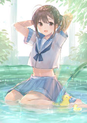 Rule 34 | 1girl, :d, absurdres, ahoge, arms behind head, arms up, barefoot, black neckwear, blue sailor collar, blue skirt, blush, brown eyes, brown hair, commentary request, hair between eyes, highres, hose, looking at viewer, midriff, mochitsuki usa, open mouth, original, pleated skirt, ponytail, rubber duck, sailor collar, school uniform, serafuku, shallow water, shirt, short sleeves, sidelocks, sitting, skirt, smile, solo, sparkle, wading pool, wariza, water, white shirt