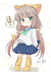 Rule 34 | !, 1girl, animal hat, beige background, blue sailor collar, blue skirt, bow, cat hat, cat tail, cosplay, dated, di gi charat, full body, fyuo, green bow, green eyes, green neckerchief, grey hair, hat, highres, kantai collection, long hair, look-alike, looking at viewer, low twintails, mikura (kancolle), neckerchief, paw shoes, pleated skirt, puchiko, puchiko (cosplay), sailor collar, sailor shirt, school uniform, serafuku, shirt, shoes, signature, skirt, solo, spoken exclamation mark, standing, star (symbol), starry background, tail, twintails, white shirt